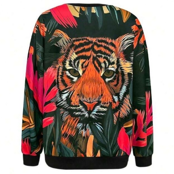 Women's Tiger Bamboo Leaf Print Long Sleeve Top Sweatshirt - Picture 2 of 8